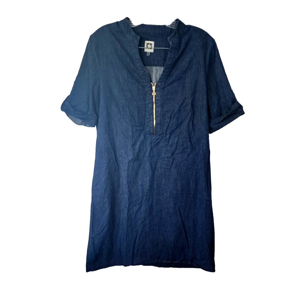 Anne Klein Women's Tunic Shift Denim Dress Gold Zipper Stretch Size 10